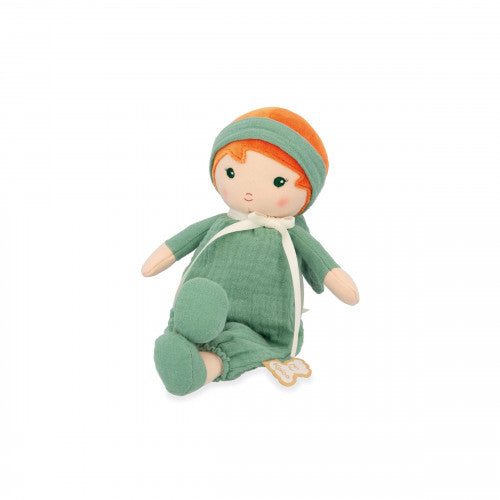 Soft plush doll with orange hair, wearing a green muslin romper and hat with a white ribbon bow.