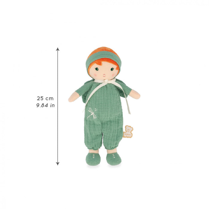 Soft doll with orange hair, green romper with dragonfly embroidery, and height indicator showing 25 cm tall.