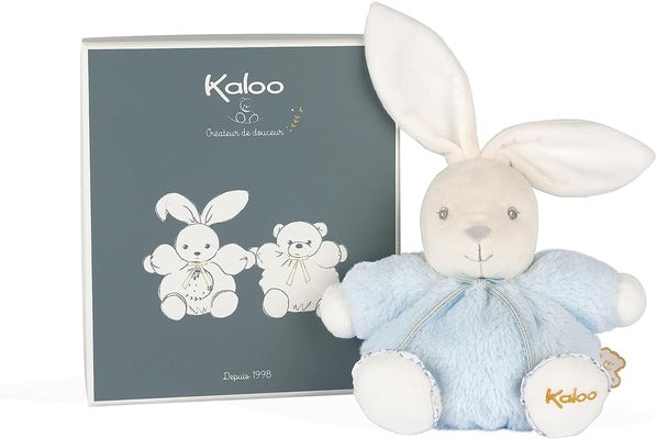 Light blue plush rabbit with long white ears next to a gray gift box featuring illustrations of a bunny and bear.