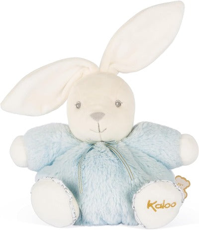 Soft, chubby blue plush bunny with large cream ears, a ribbon bow, and Kaloo logo embroidered on its foot.