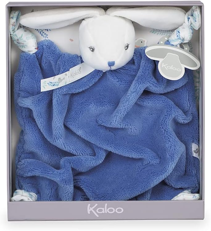 Plush ocean blue bunny lovey with a white head and long ears, presented in a grey Kaloo gift box.