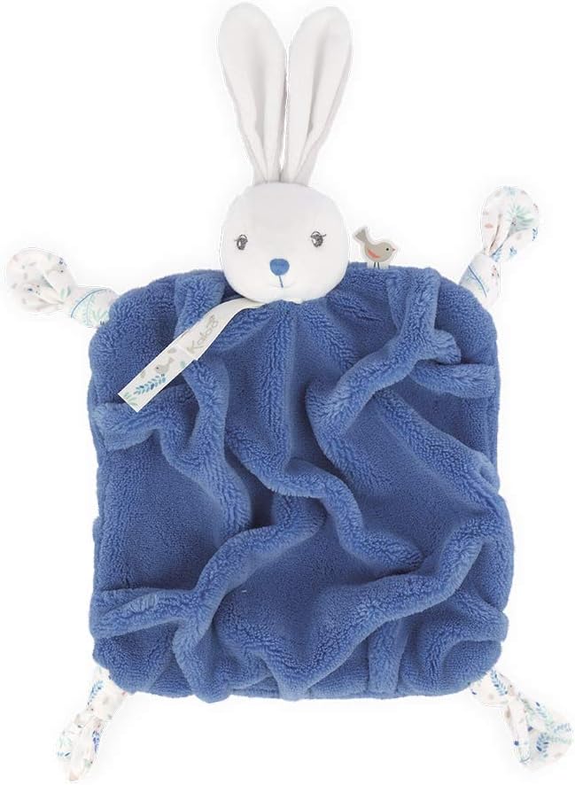 Ocean blue plush square comforter with a white rabbit head, long ears, and four patterned knotted corners.