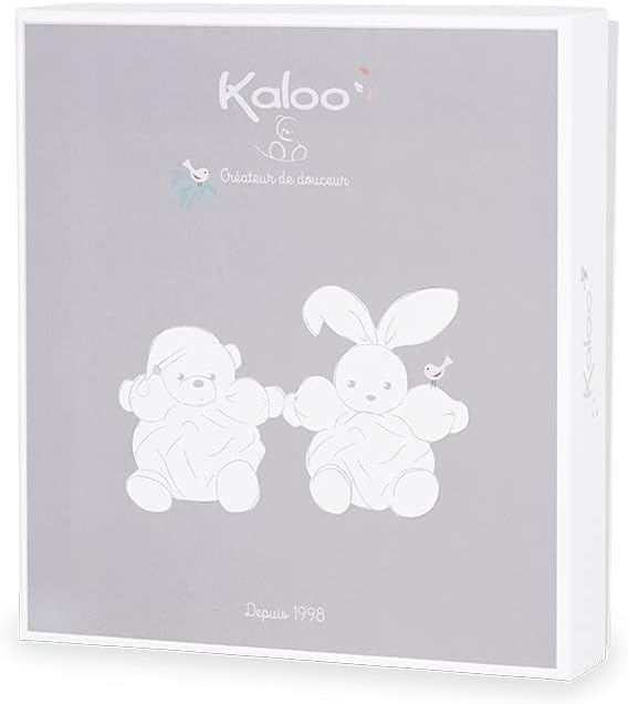 Grey square Kaloo gift box featuring white line illustrations of a plush teddy bear and bunny.