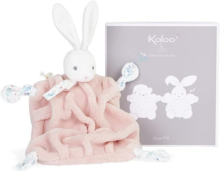 Plush pink rabbit comforter with white head and ears, sitting next to a grey Kaloo gift box.