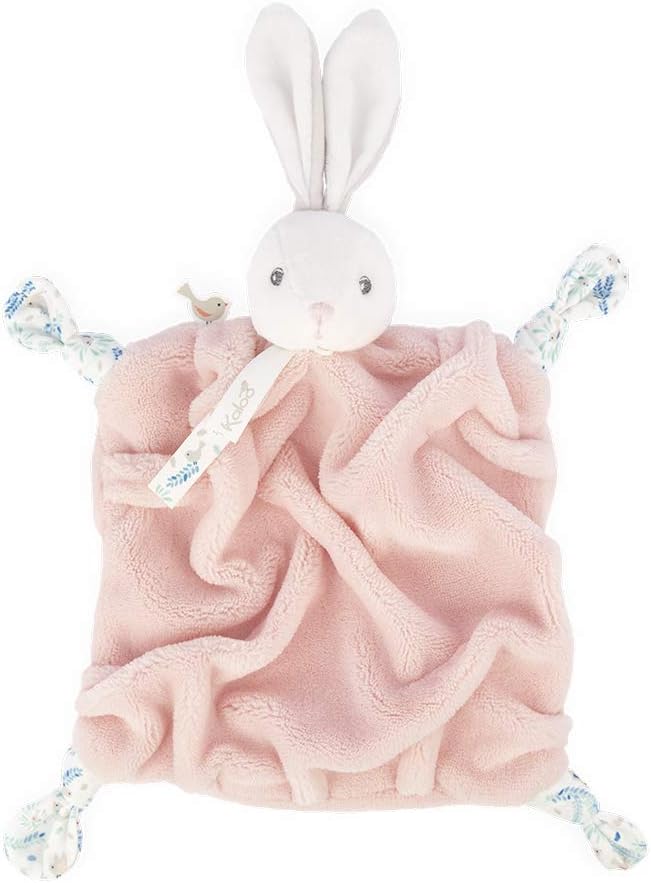 Pink plush square lovey with a white rabbit head, long ears, and blue patterned knots at each corner.