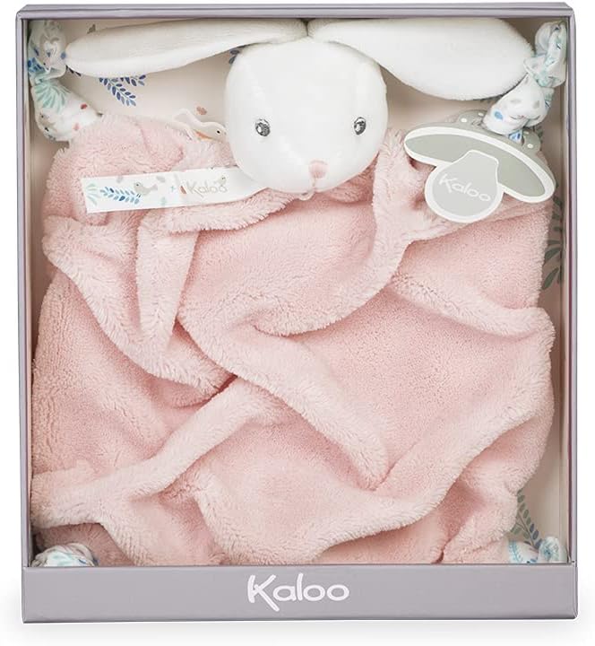 White plush bunny head with long ears and a soft pink blanket body, packaged in a gray Kaloo display box.