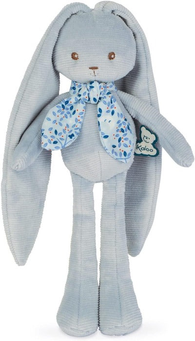 Light blue ribbed plush rabbit with long floppy ears and legs, wearing a blue floral scarf with a Kaloo tag.