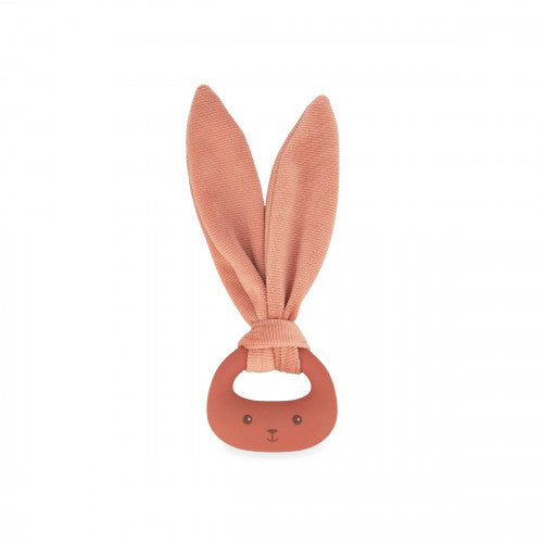 Terracotta silicone ring teether with a printed bunny face and long, ribbed fabric ears tied at the top.