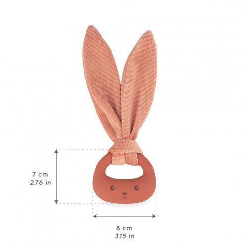 Terracotta rabbit teether with fabric corduroy ears and measurements showing a height of 7 cm and width of 8 cm.