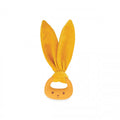 Ochre yellow rabbit teether featuring a silicone face ring and long, soft fabric ears tied at the top.