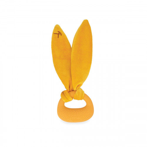Ochre silicone teether ring with a textured grip and soft, corduroy rabbit ears tied in a knot.