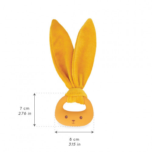Mustard yellow silicone rabbit head teether with soft fabric ears. Measures 7cm high by 8cm wide.