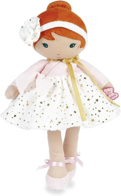 Soft plush doll with red hair in a bun, pink top, white skirt with gold stars, and pink ribbon ballet slippers.