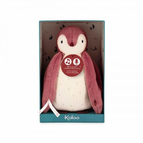Pink and cream plush penguin in a teal display box with a red tag showing white noise and voice recorder icons.