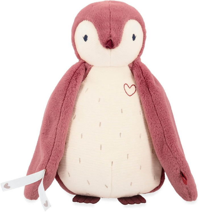 Dusty rose and cream plush penguin with an embroidered red heart on its chest and dark red feet.