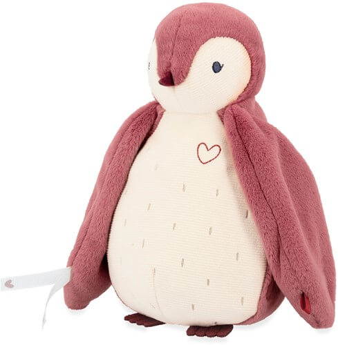 Plush mauve and cream penguin toy with an embroidered heart on its chest and small dark feet.
