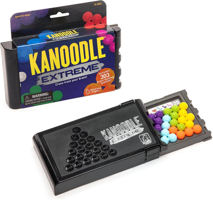 Open black case and box for a puzzle game with colorful, interconnected spheres on a triangular peg board.