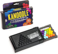 Open black case and box for a puzzle game with colorful, interconnected spheres on a triangular peg board.