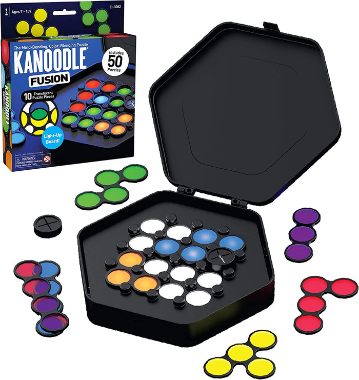 Open hexagonal light-up puzzle board with various translucent colorful pieces and its game packaging box.