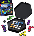 Open hexagonal light-up puzzle board with various translucent colorful pieces and its game packaging box.
