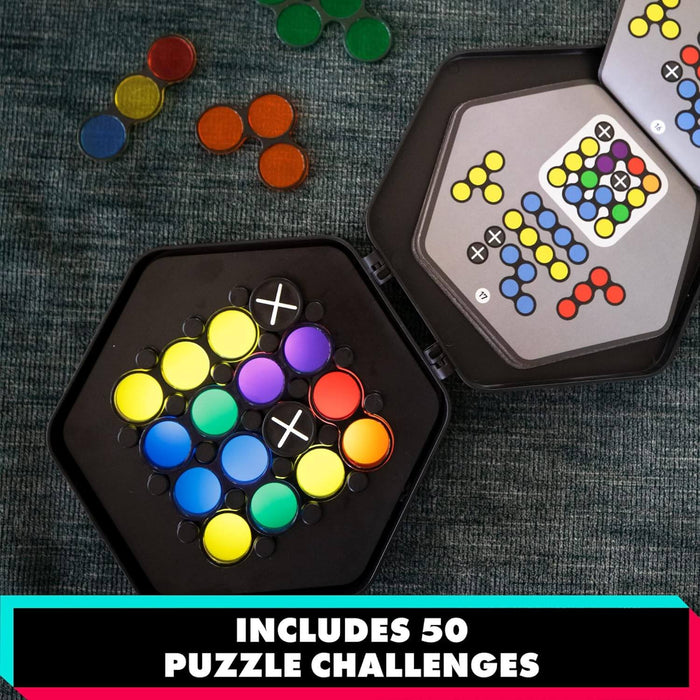 Open hexagonal case with glowing colorful pegs, loose translucent pieces, and challenge cards on a dark background.