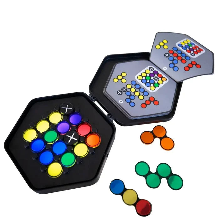 Open black hexagonal case with colorful translucent round pieces and challenge cards on a white background.