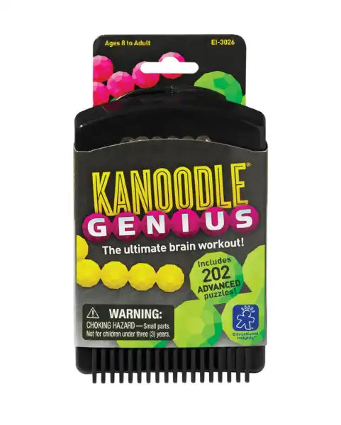 Black Kanoodle Genius puzzle game case featuring pink, yellow, and green bead graphics and a ridged bottom edge.