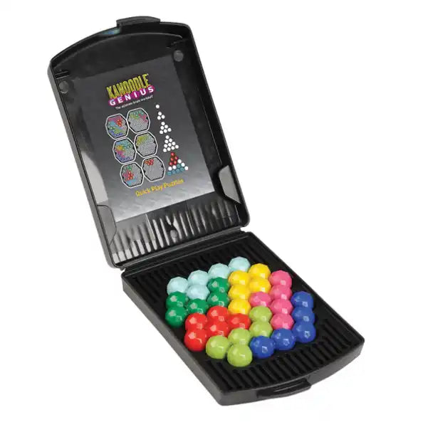 Open black portable case with colorful 3D bead puzzle pieces in a grid tray and Kanoodle Genius guides on the lid.