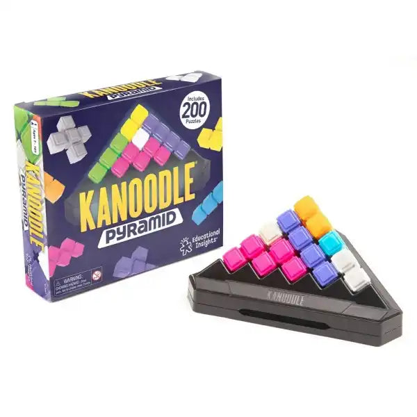 Kanoodle Pyramid box and black triangular base with colorful pink, purple, and blue square-shaped puzzle pieces.