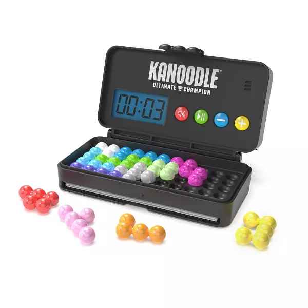Handheld black game case featuring a digital timer and vibrant, multicolored ball-shaped puzzle pieces.