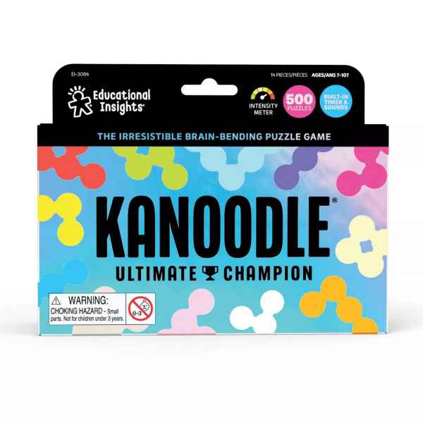 Kanoodle Ultimate Champion game box with colorful puzzle shapes on a blue background and black top panel.