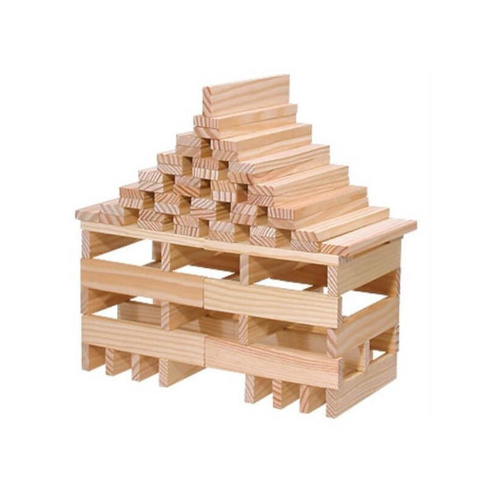A small house built from uniform, light-colored natural wood planks against a white background.