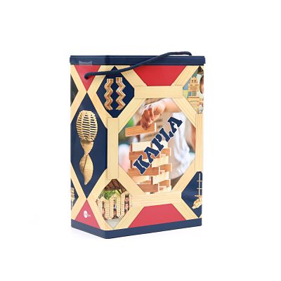 Blue and red storage box with a rope handle, featuring "KAPLA" text and images of wooden block structures.