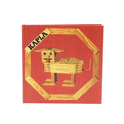 Square red book with a wood-plank octagon framing a dog sculpture made of wooden Kapla blocks.