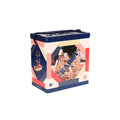 Navy blue box with pink and wood-tone plank patterns, rope handle, and images of built wooden structures.