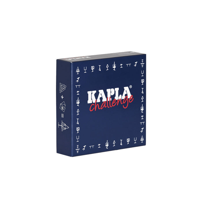 Square blue box with white KAPLA text and red cursive, bordered by white architectural line art icons.