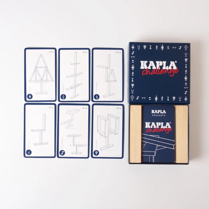 Navy Kapla Challenge box with natural wood planks and cards showing line drawings of balancing structures.