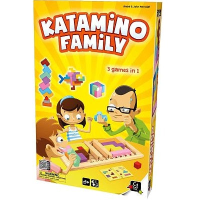 Bright yellow game box featuring a family playing a 3-in-1 puzzle game with colorful geometric wooden blocks.