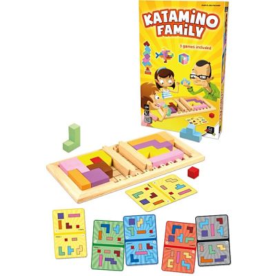 Yellow game box with cartoon characters, a wooden board with colorful block pieces, and several puzzle reference cards.