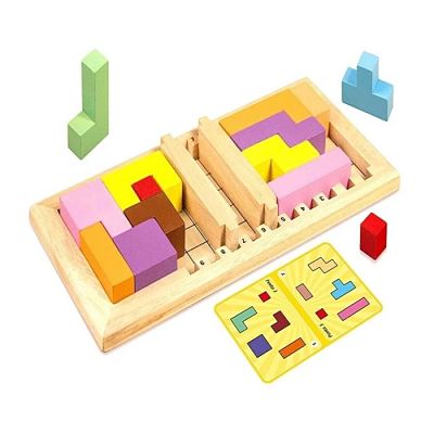 Wooden board game with colorful geometric blocks in two sections, loose pieces, and a challenge card.
