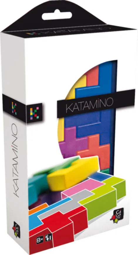 Tall white box for Katamino showing colorful, interlocking 3D geometric puzzle pieces through a large cutout window.