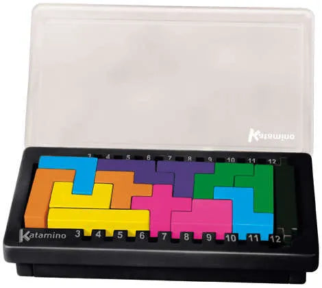 Multi-colored geometric puzzle blocks arranged in a black portable case with a clear open lid and numbered edges.