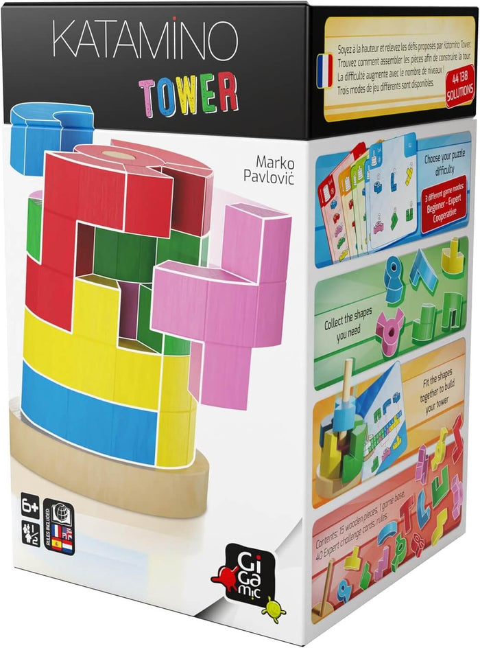 Packaging for Katamino Tower featuring a stack of colorful 3D geometric blocks on a circular wooden base.