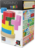 Packaging for Katamino Tower featuring a stack of colorful 3D geometric blocks on a circular wooden base.
