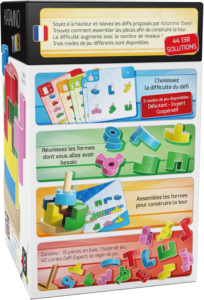 Back of a game box showing colorful wooden puzzle pieces, challenge cards, and a central post for building a tower.