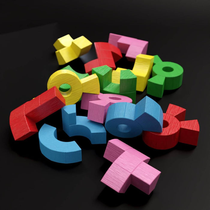 Vibrant wooden puzzle blocks in red, pink, yellow, blue, and green geometric shapes on a black background.