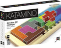 Katamino game box featuring colorful wooden blocks being fitted into a wooden tray with numbered notches on the side.