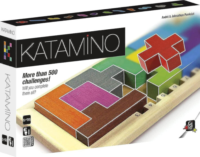Katamino game box featuring colorful wooden blocks being fitted into a wooden tray with numbered notches on the side.