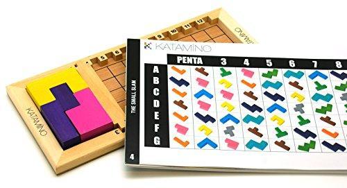 Wooden tray puzzle game with colorful pentomino pieces and an instruction book showing puzzle challenge grids.