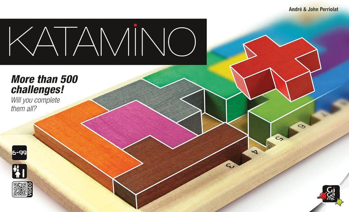 Colorful wooden puzzle blocks on a numbered board with a red cross piece floating above the Katamino logo.
